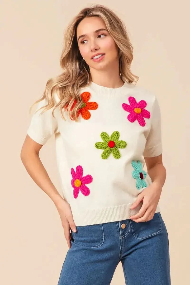 BiBi Crochet Flower Patch Sweater Top in IVORY - photo