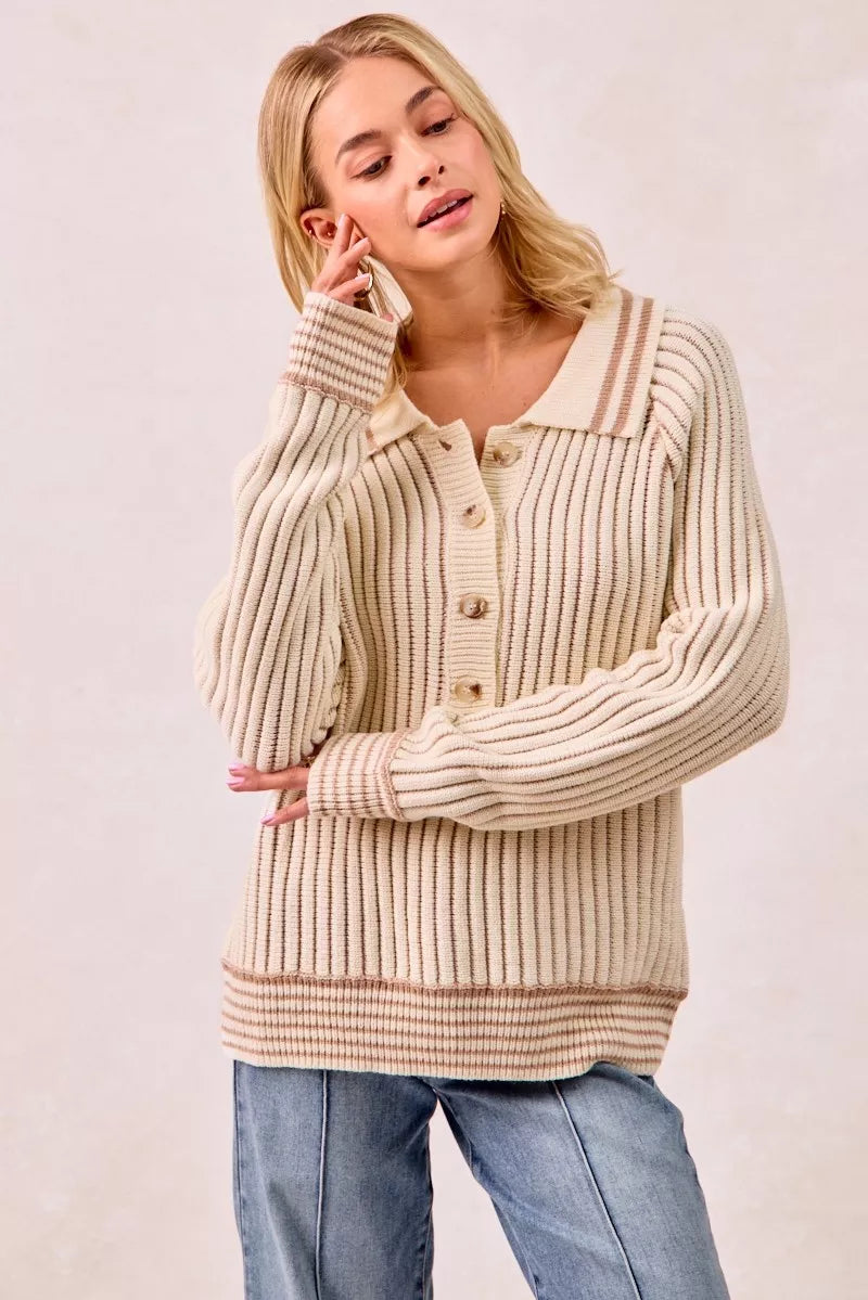 BiBi Half Button Ribbed Two Tone Sweater - SwagglyLife Home & Fashion