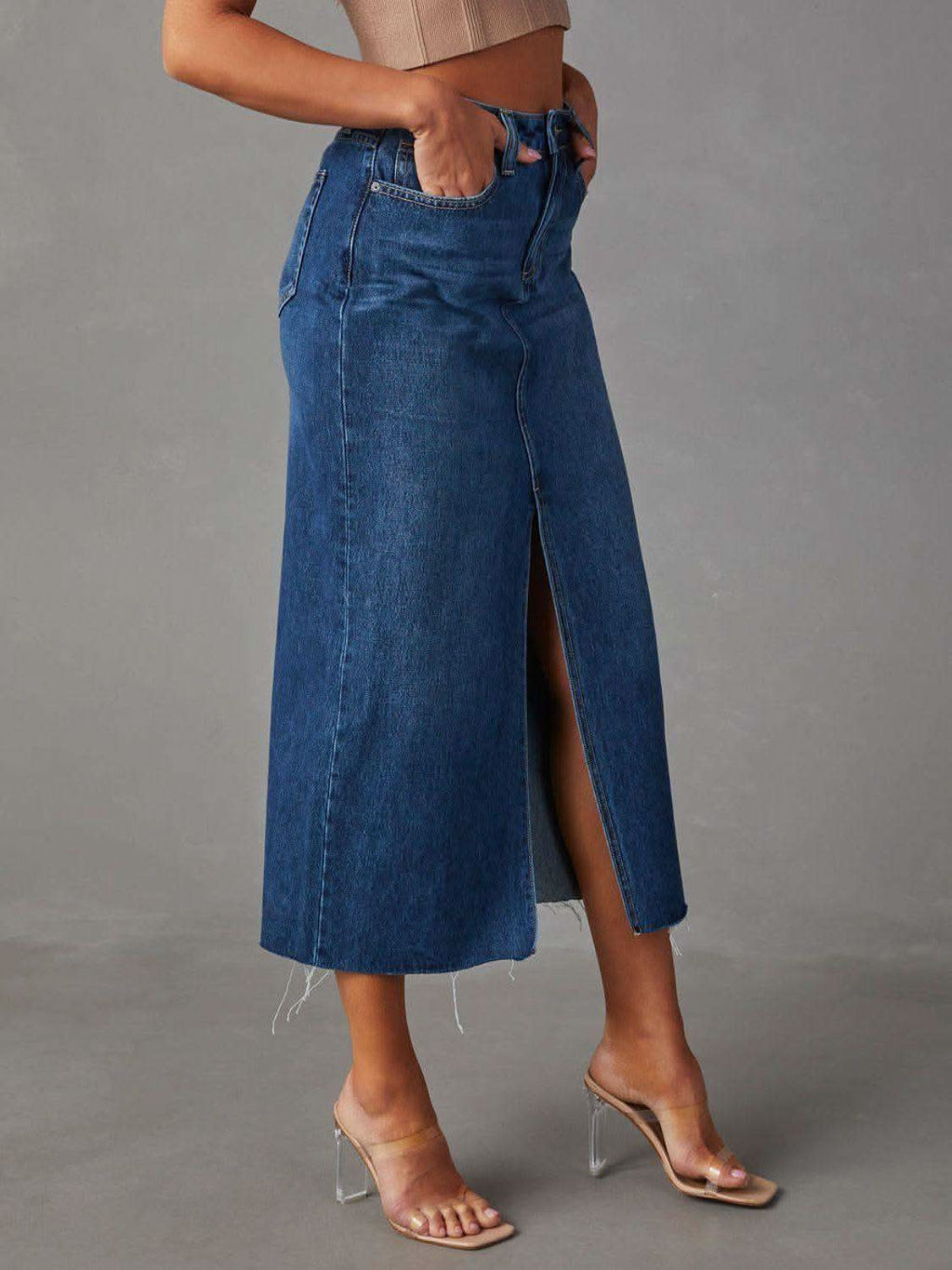 Raw Hem Front Slit Denim Midi Skirt - SwagglyLife Home & Fashion