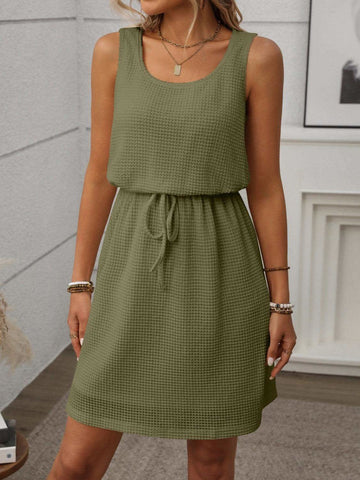 Waffle-Knit Drawstring Mini Tank Dress - SwagglyLife Home & Fashion Waffle-Knit Drawstring Mini Tank Dress - SwagglyLife Home & Fashion
