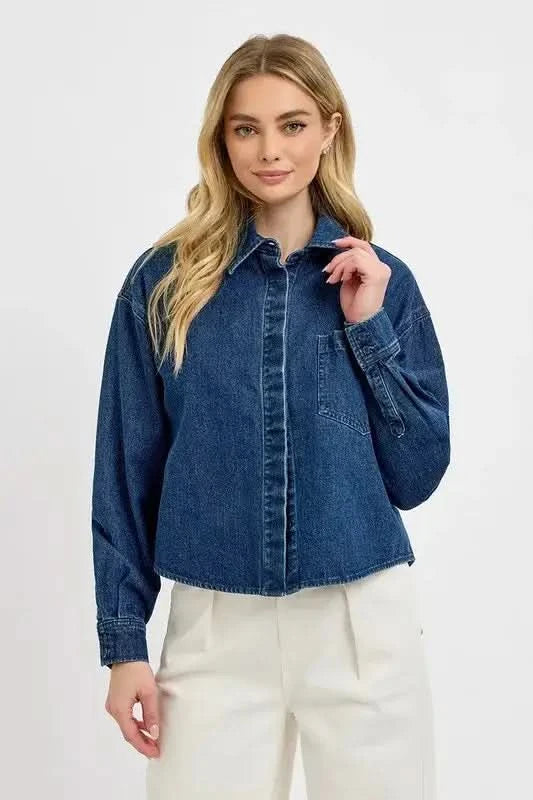 RISEN Button Up Long Sleeve Denim Shacket in - photo