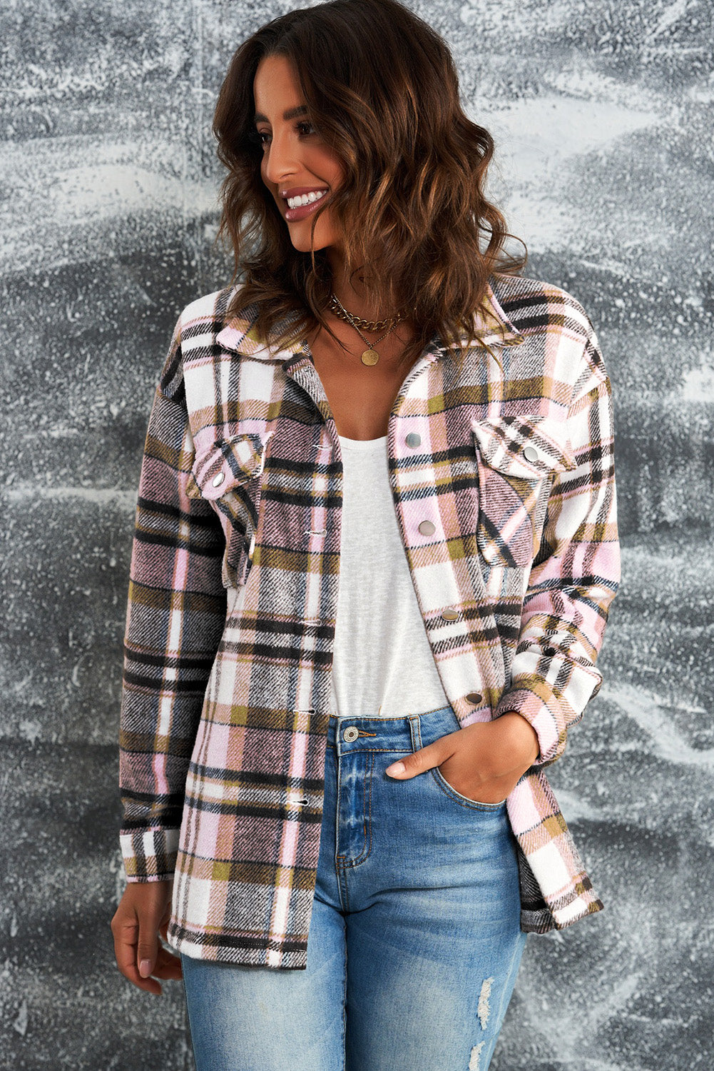 Plaid Button Front Shirt Jacket with Breast Pockets in Pink - photo