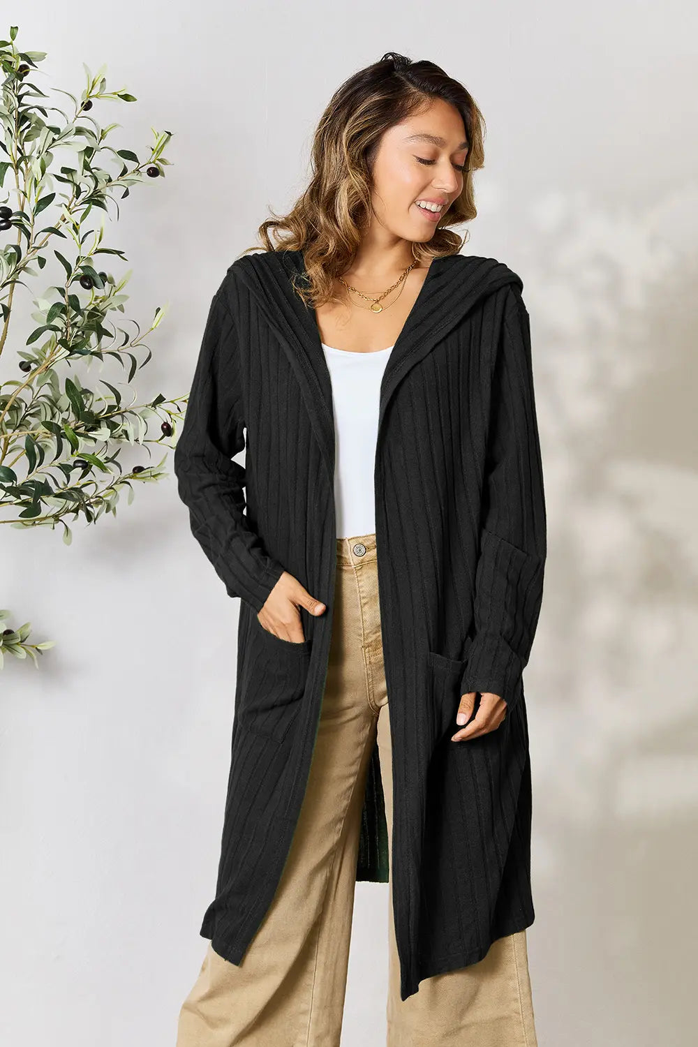 Basic Bae Full Size Hooded Sweater Cardigan in Black - photo
