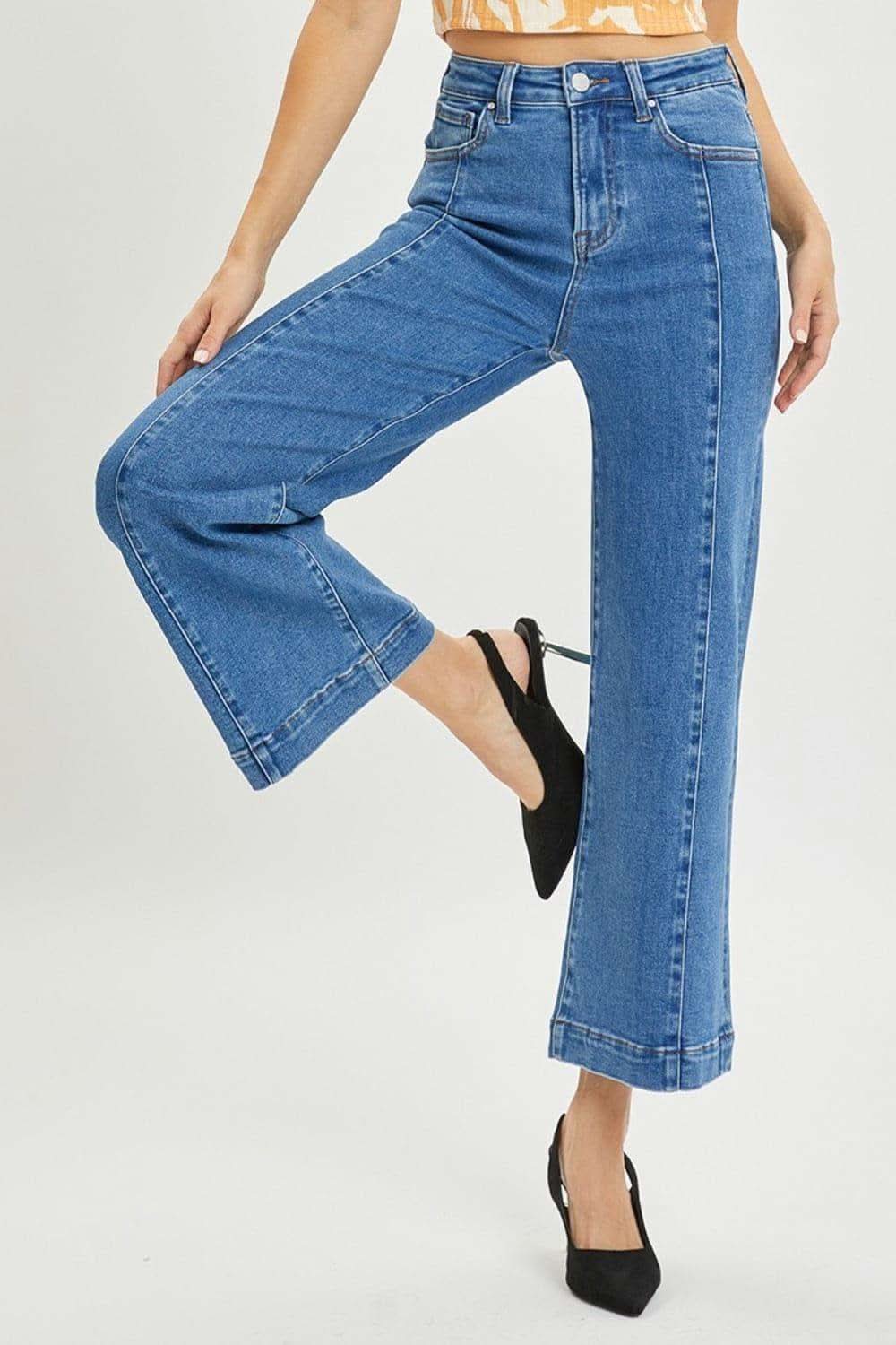 RISEN Full Size High Rise Wide Leg Jeans in Solid Medium - pants photo