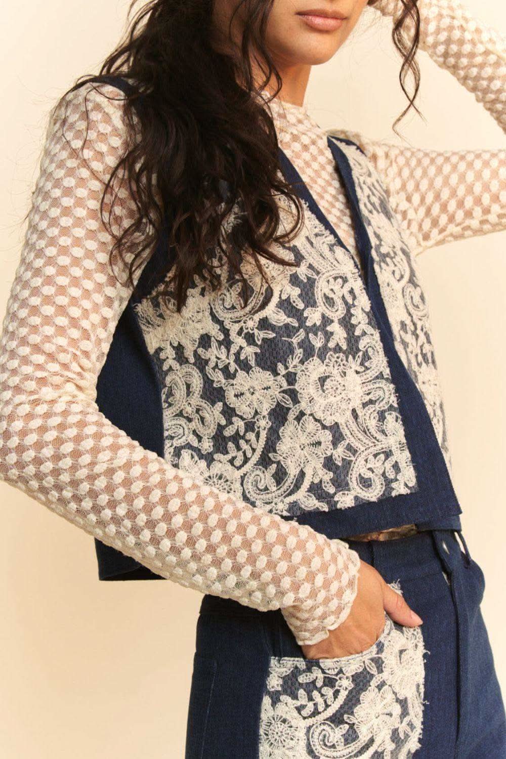 Davi & Dani Lace Patch Open Front Denim Vest in Dark - photo