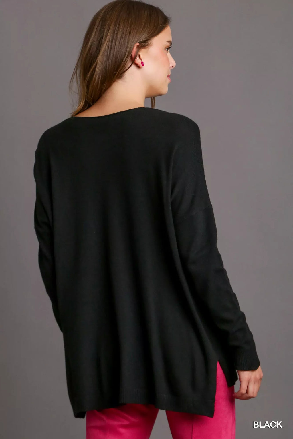 Umgee V-Neck High Low Hem Knit Top with Side Slit in - photo