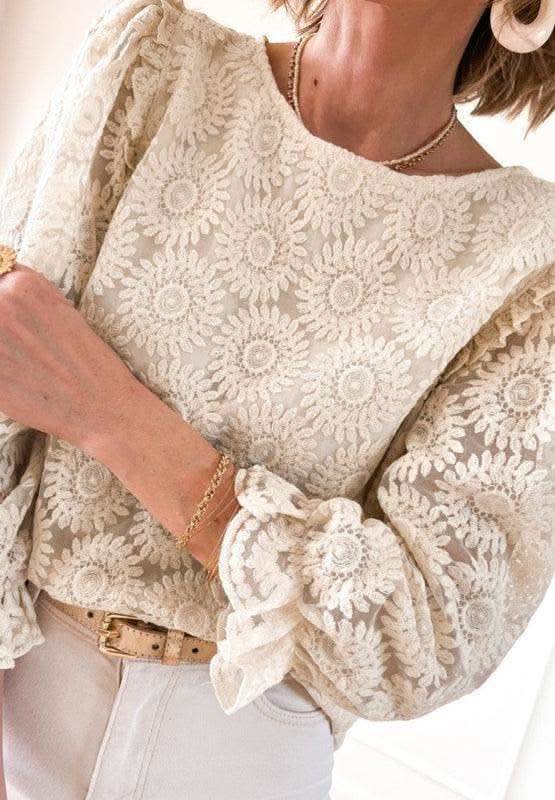 Flower Jacquard Flounce Sleeve Blouse - SwagglyLife Home & Fashion