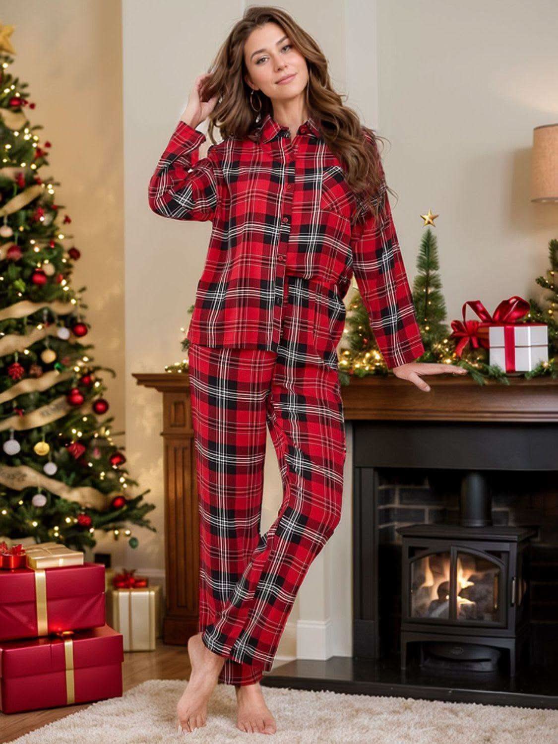 Plaid Collared Neck Long Sleeve Top and Pants Lounge Set Plaid Collared Neck Long Sleeve Top and Pants Lounge Set
