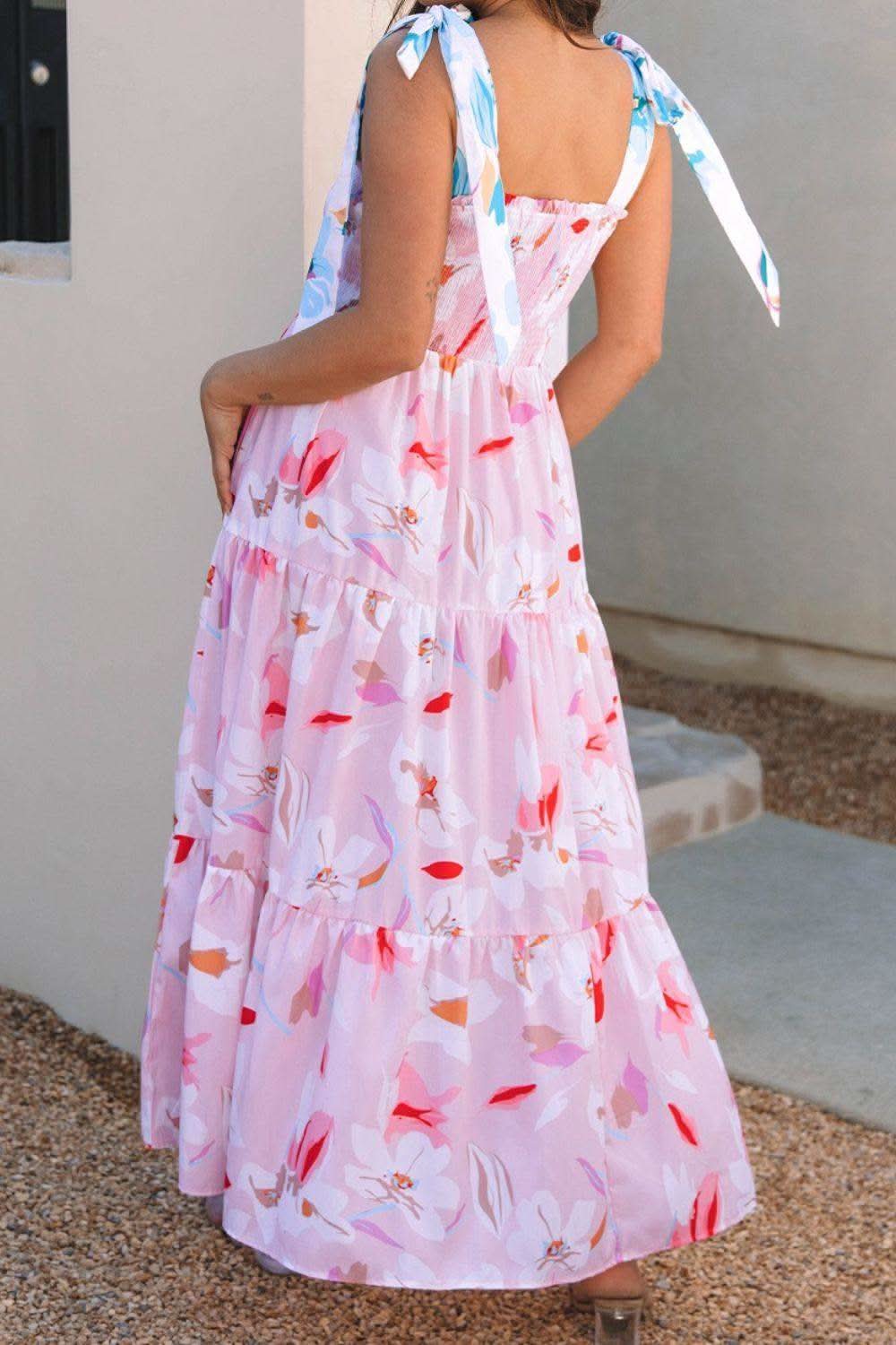 Floral Print Knotted Shoulder Smocked Maxi Dress in - Dresses photo