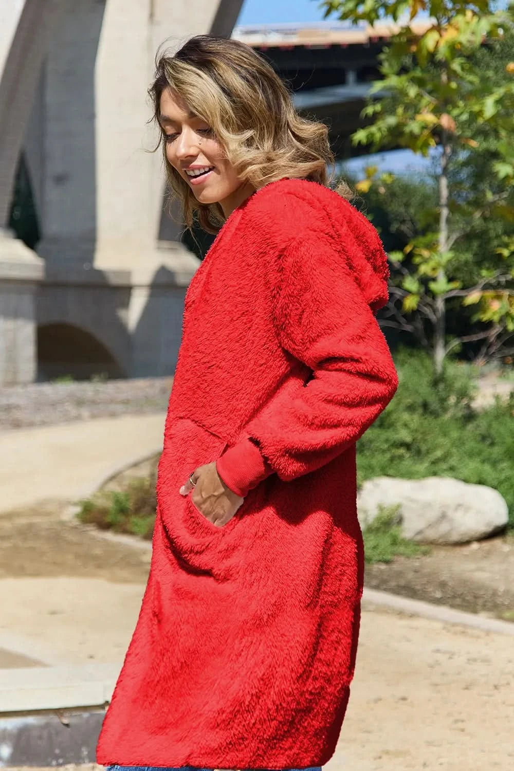 Double Take Full Size Hooded Teddy Bear Jacket with Thumbholes in - photo
