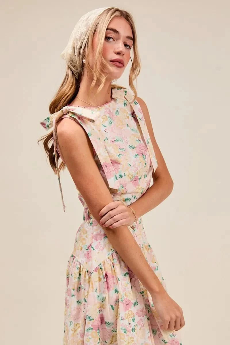 SO ME Floral Printed Woven Shoulder Bow Tie Top and Skirt Set in - photo