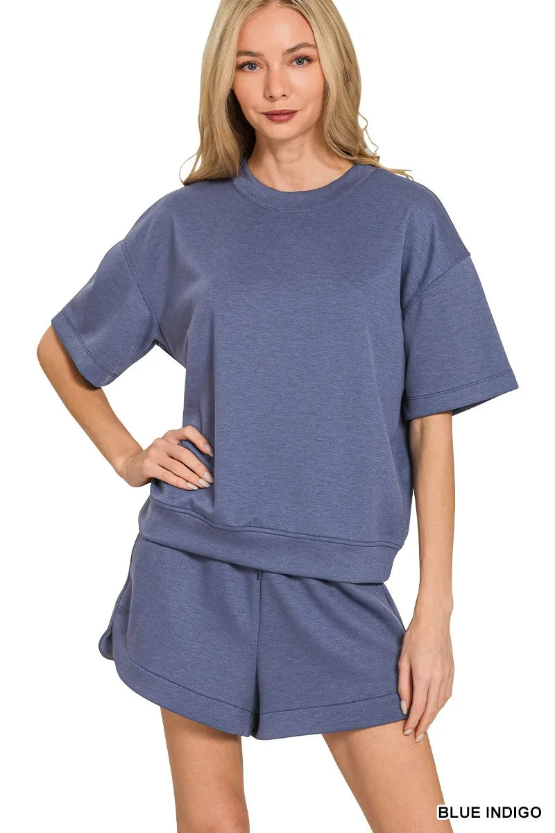 Zenana Scuba Short Sleeve Top & Shorts Set in BLUE INDIGO - photo