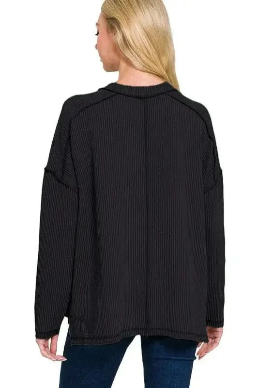 Zenana Full Size Exposed Seam Long Sleeve Corded Rib Knit Top Plus Size in - photo
