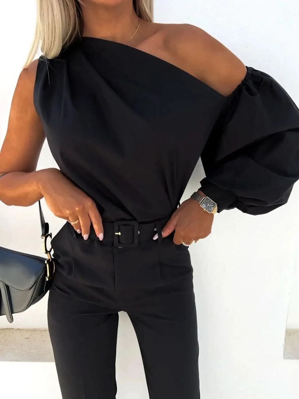 One Shoulder Puff Sleeve Blouse in - photo