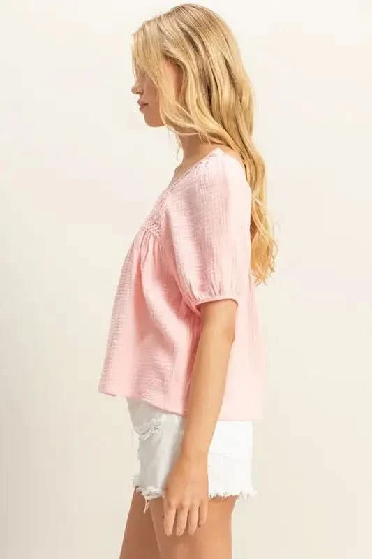 HYFVE Crochet Detail Puff Sleeve Peasant Top - SwagglyLife Home & Fashion