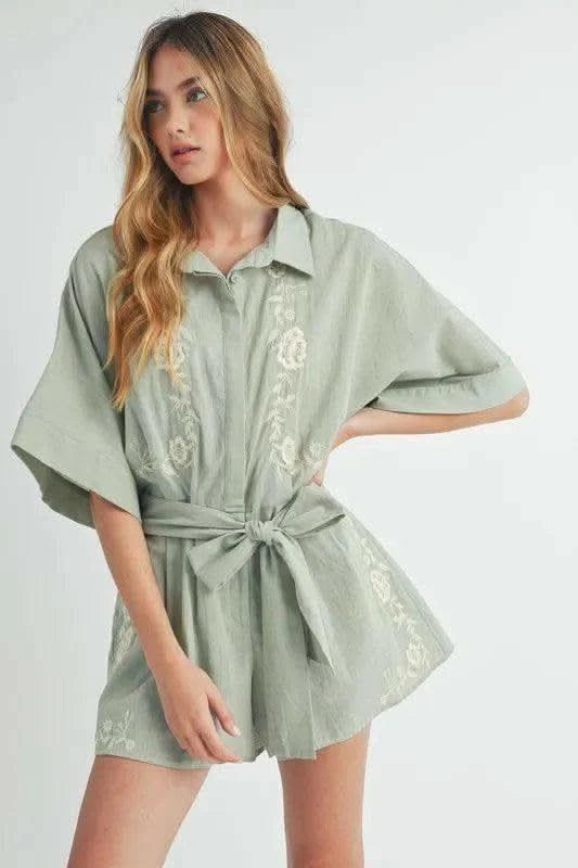 MABLE Embroidered Button Down Collared Neck Romper in Dusty Sage - photo