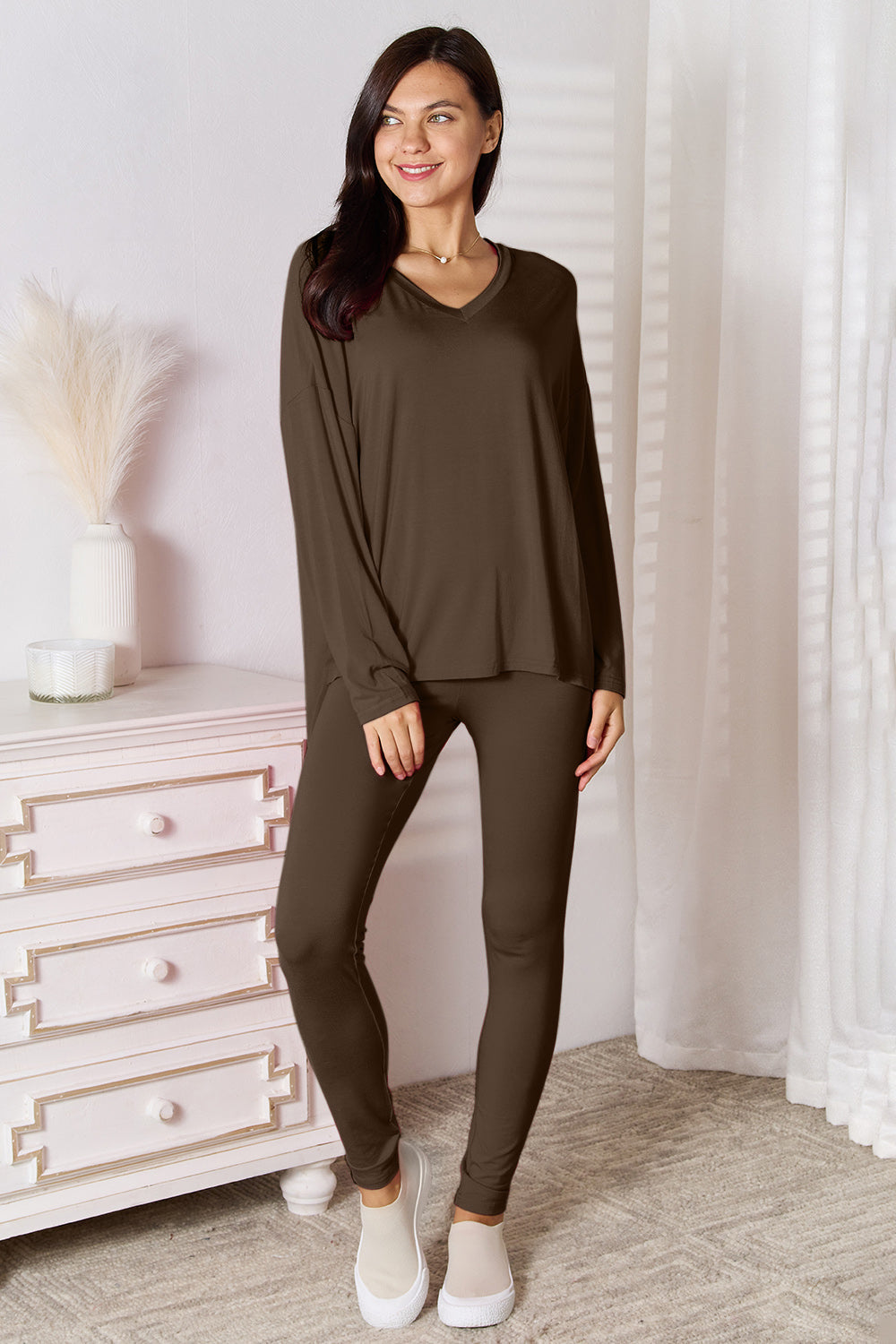 Basic Bae Bamboo Full Size V-Neck Long Sleeve Top and Pants Lounge Set in Chocolate - Sets photo