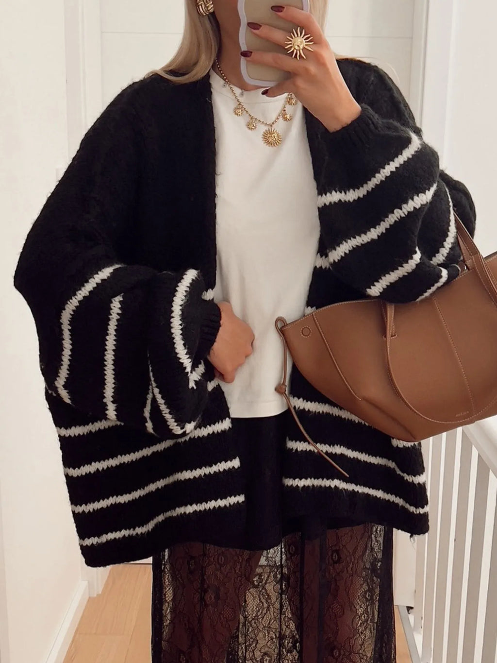 Striped Open Front Dropped Shoulder Cardigan in Black - photo