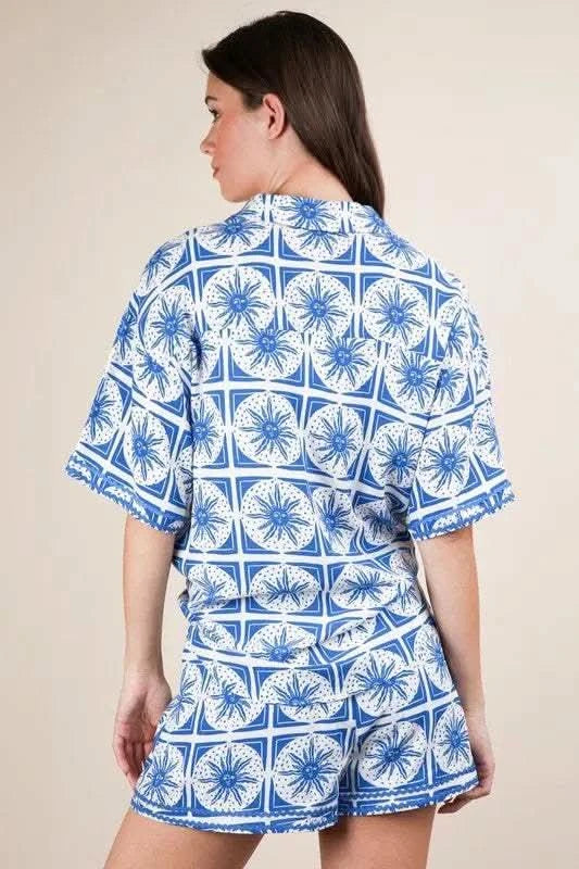 VERY J Full Size Tropical Printed Shirt Top and Shorts Set Plus Size in - photo