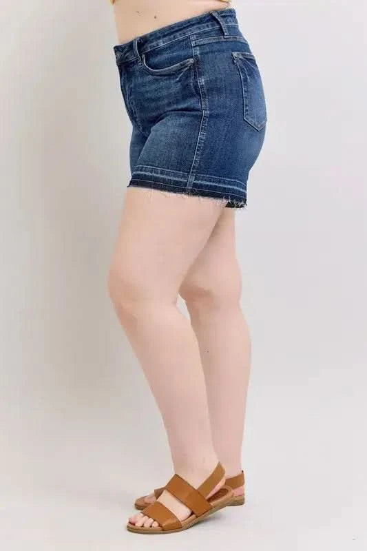 Judy Blue Plus Size HW Tummy Control Destroy Release Hem Denim Shorts - SwagglyLife Home & Fashion