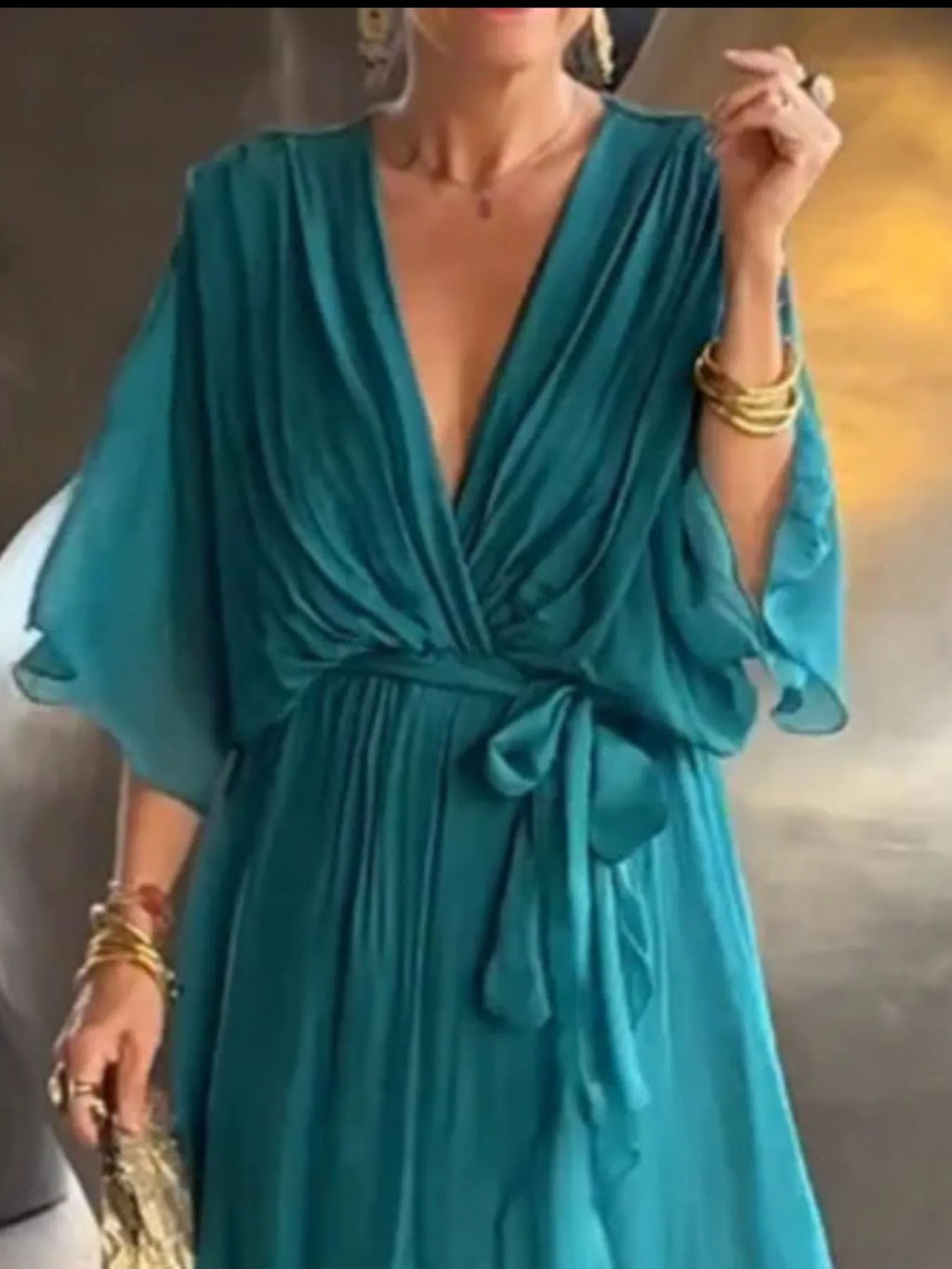 Flowy Tie Front Midi Dress with Flutter Sleeves in - photo