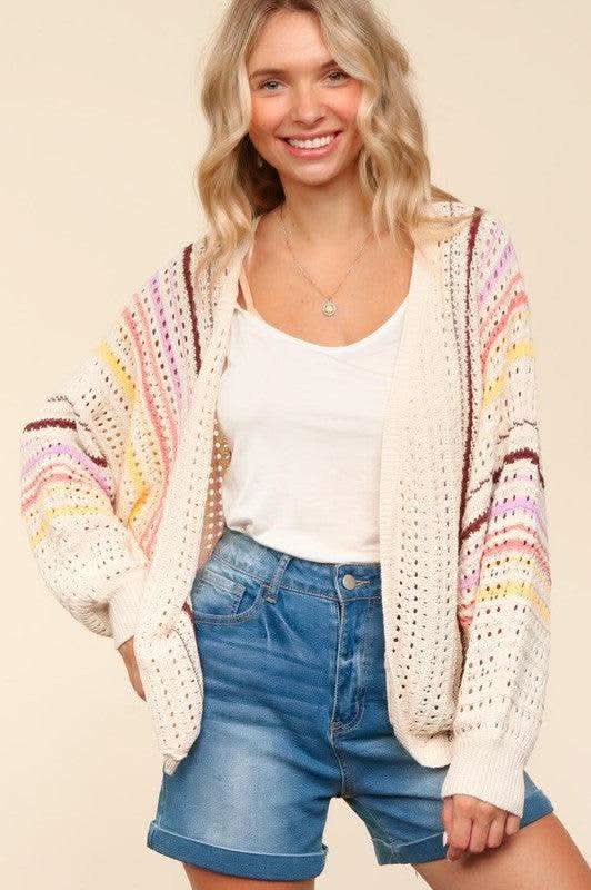 Haptics Full Size Striped Crochet Open Front Cardigan in - photo