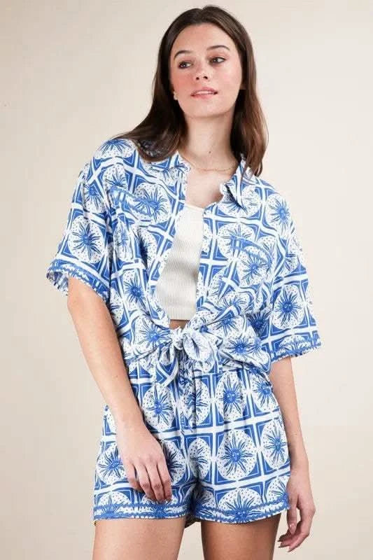 VERY J Full Size Tropical Printed Shirt Top and Shorts Set Plus Size in - photo