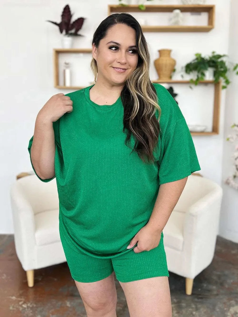 Double Take Full Size Texture Round Neck Drop Shoulder T-Shirt and Shorts Set - SwagglyLife Home & Fashion