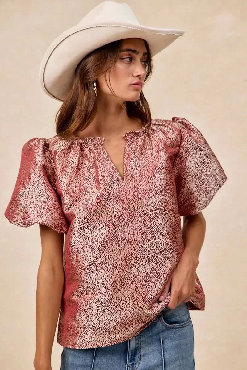 BiBi Jacquard Woven Short Balloon Sleeves V Neck Top in - photo