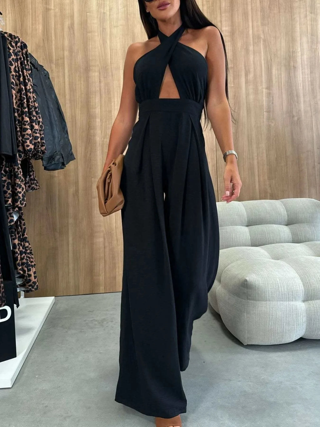 Wide Leg Cutout Halter Neck Jumpsuit - SwagglyLife Home & Fashion