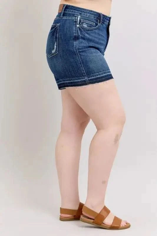 Judy Blue Plus Size HW Tummy Control Destroy Release Hem Denim Shorts - SwagglyLife Home & Fashion