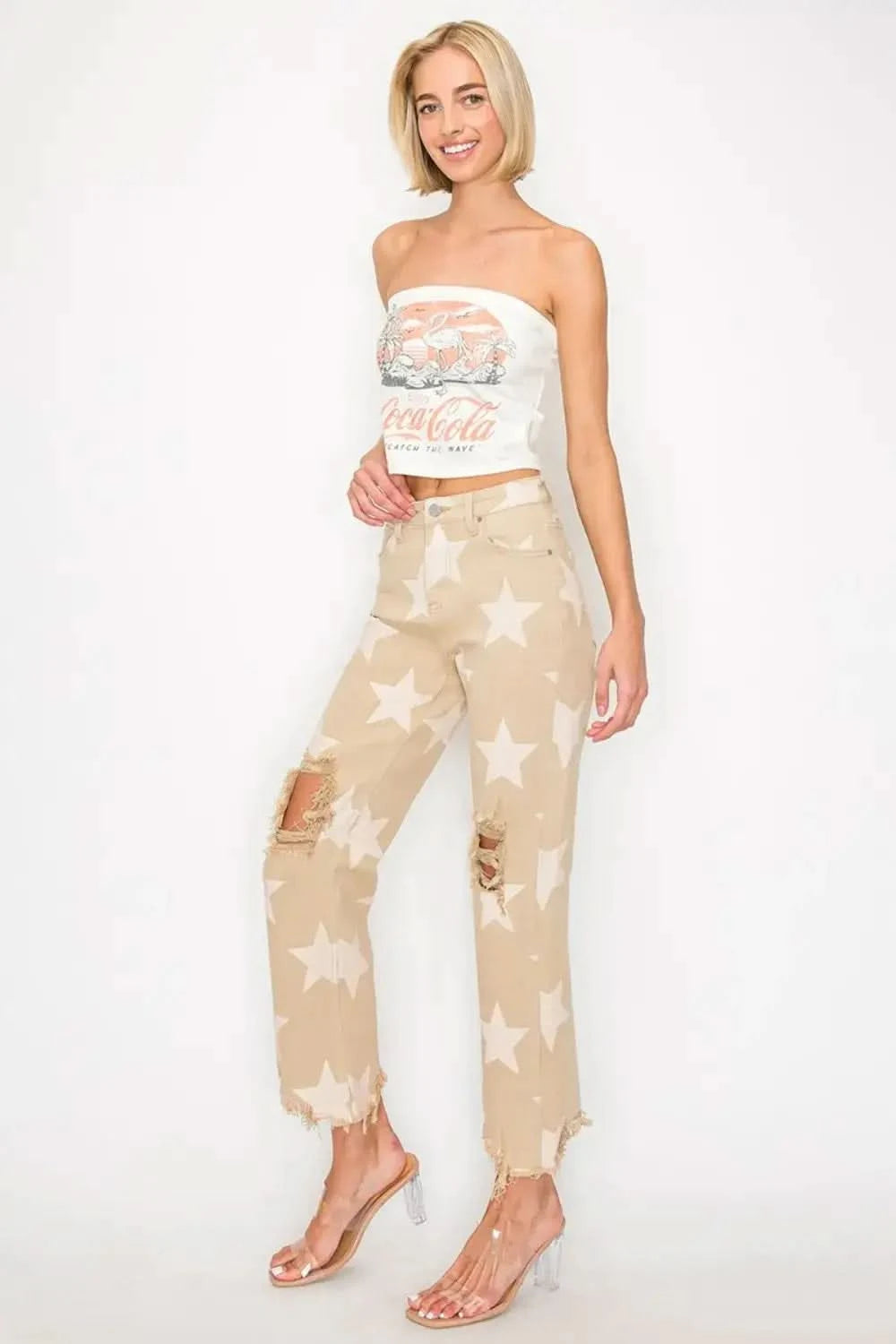 RISEN Full Size High Rise Star Printed Frayed Hem Jeans in - photo
