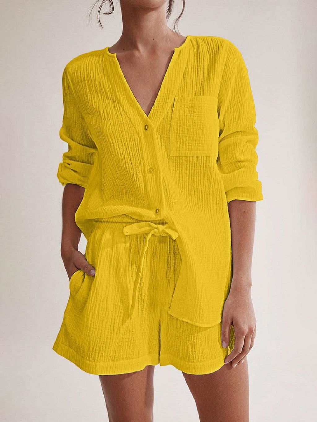 Notched Long Sleeve Top and Shorts Set - SwagglyLife Home & Fashion