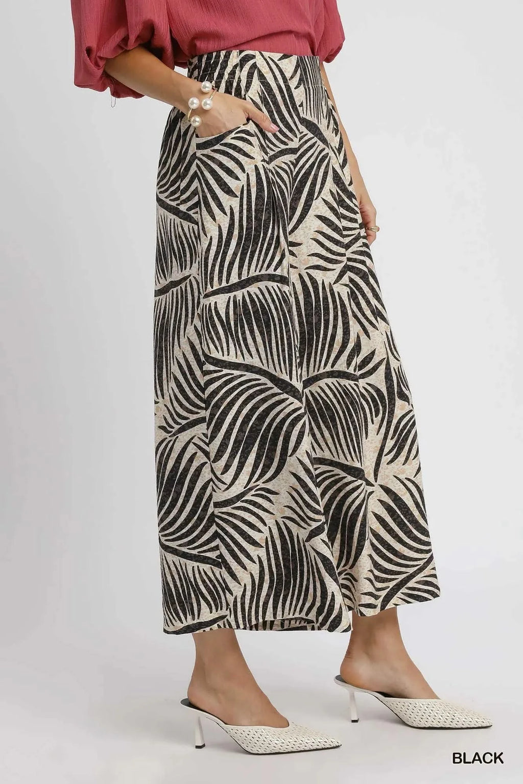Umgee Palm Leaf Print Wide Leg Culotte Pants in - photo