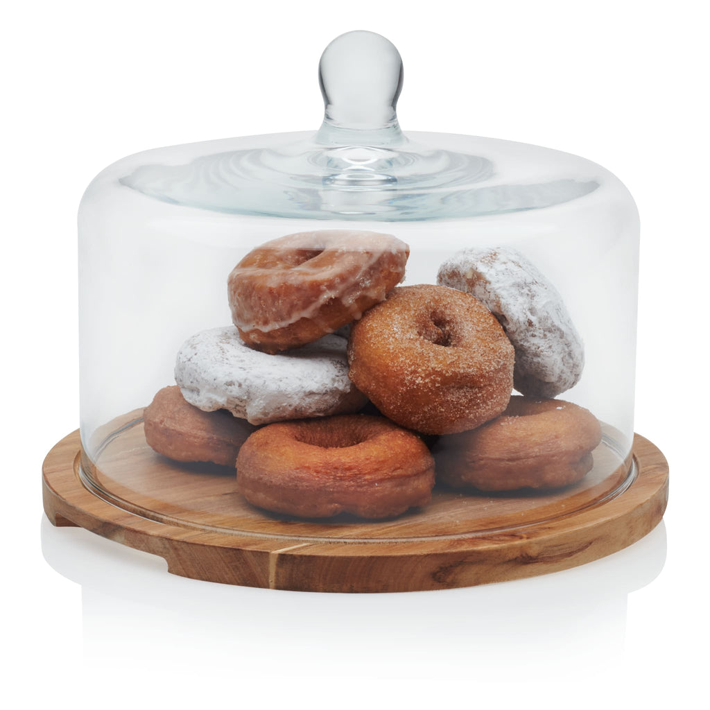 Libbey Acaciawood Flat Round Wood Server Cake Stand with Glass Dome in - Serveware photo