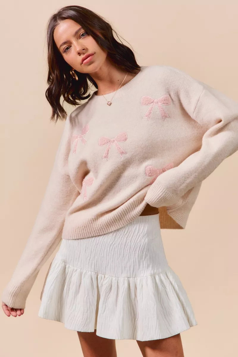 SO ME Embroidered Ribbon Round Neck Sweater - SwagglyLife Home & Fashion