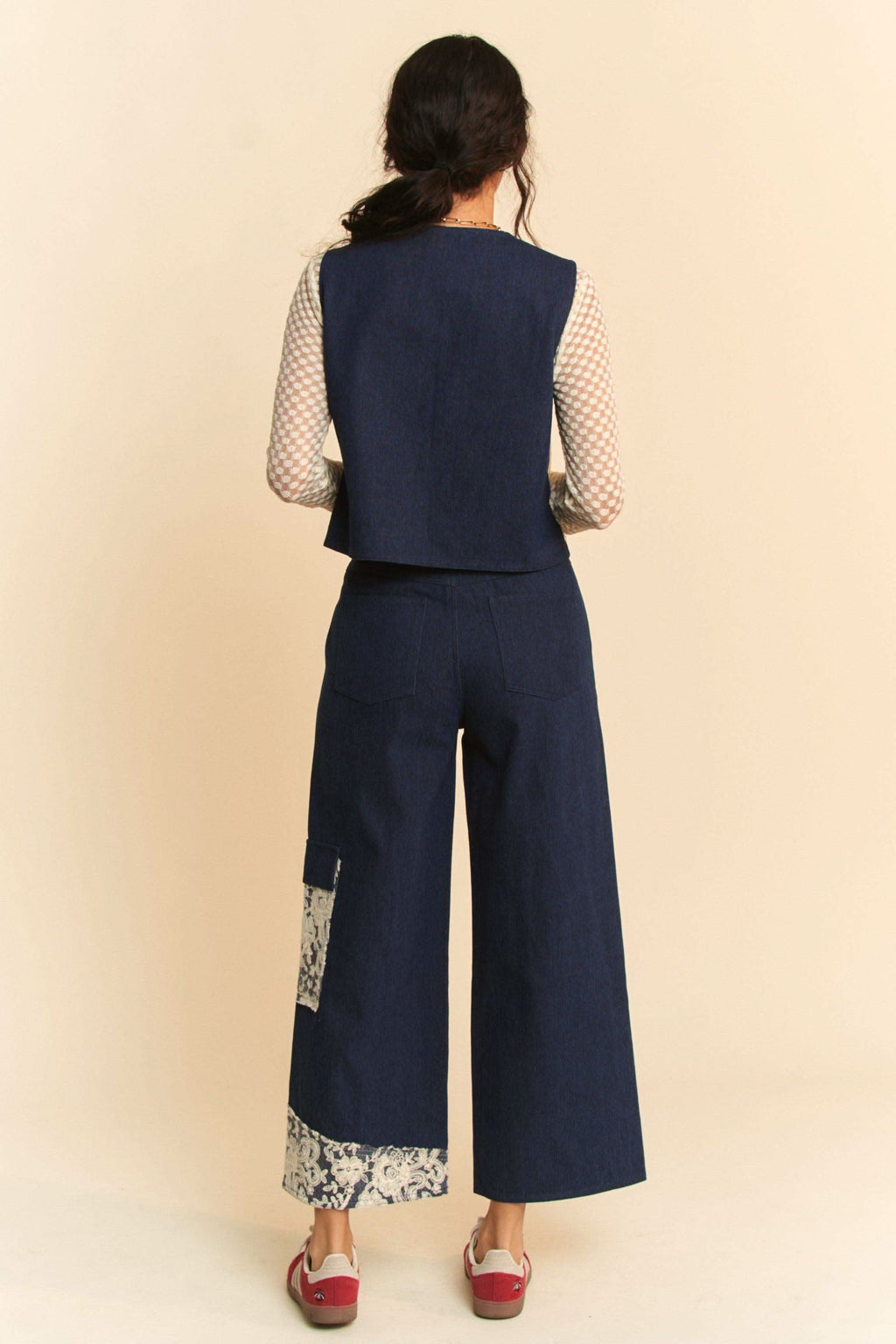 Davi & Dani Lace Patch Open Front Denim Vest in - photo
