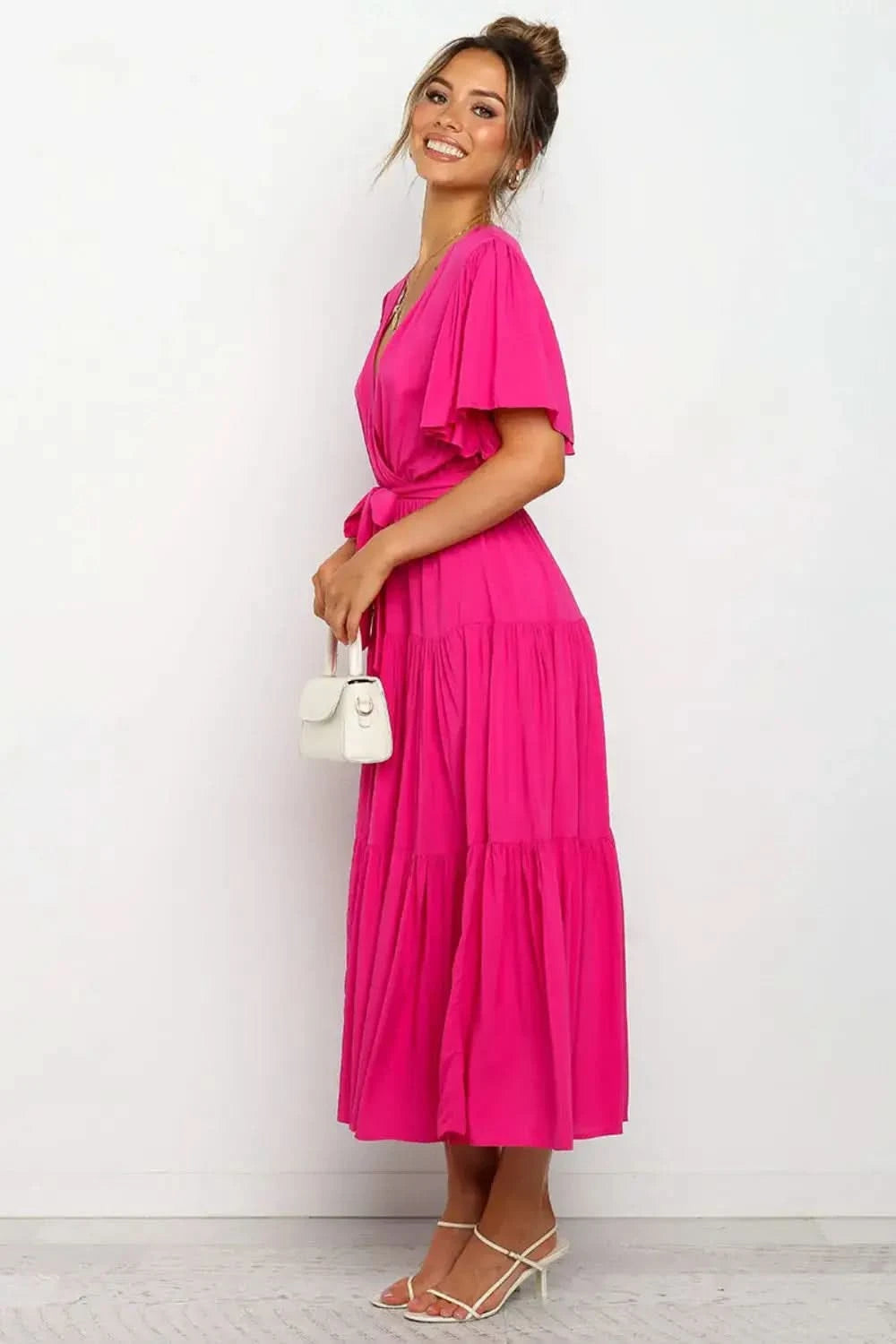 Tied Tiered Short Sleeve Midi Dress in - photo