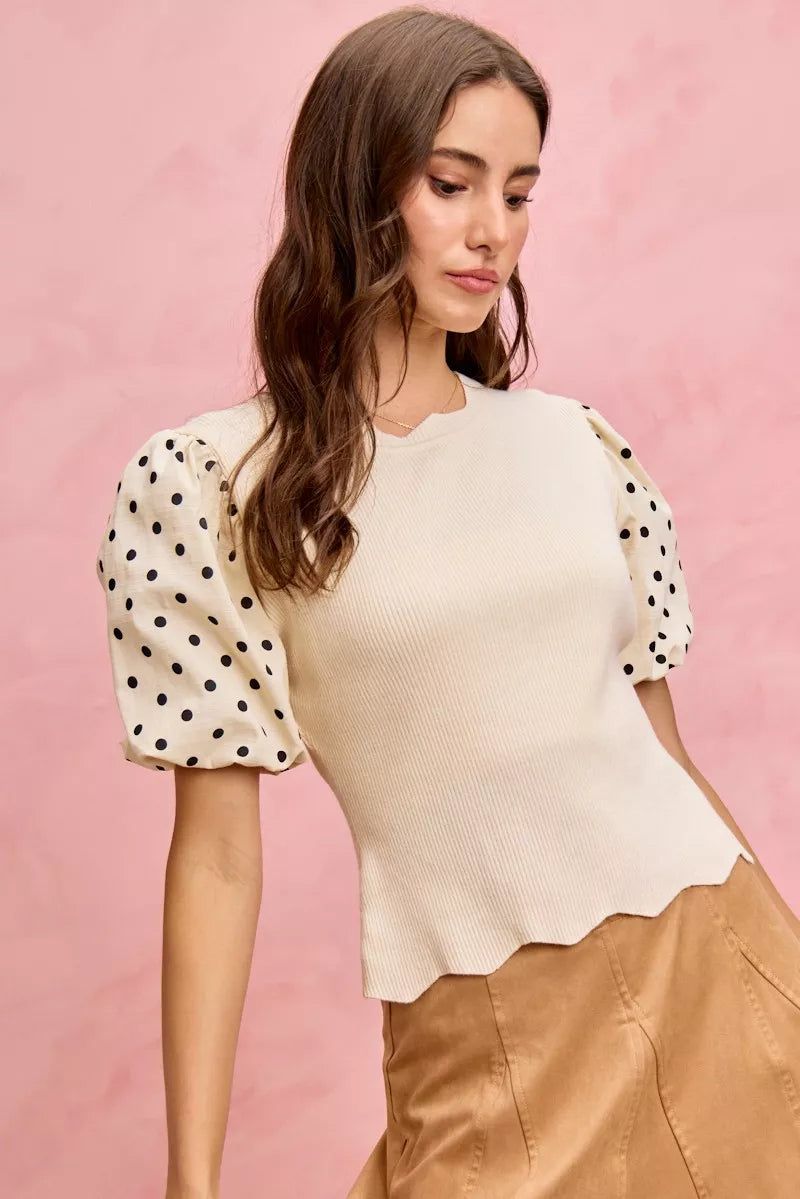 SO ME Polka Dot Contrast Woven Ballon Sleeve Blouse in - photo