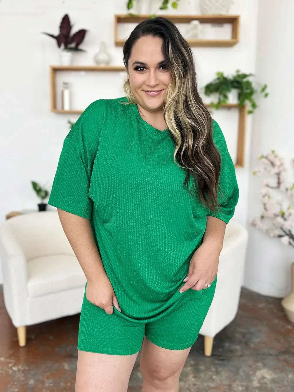 Double Take Full Size Texture Round Neck Drop Shoulder T-Shirt and Shorts Set - SwagglyLife Home & Fashion