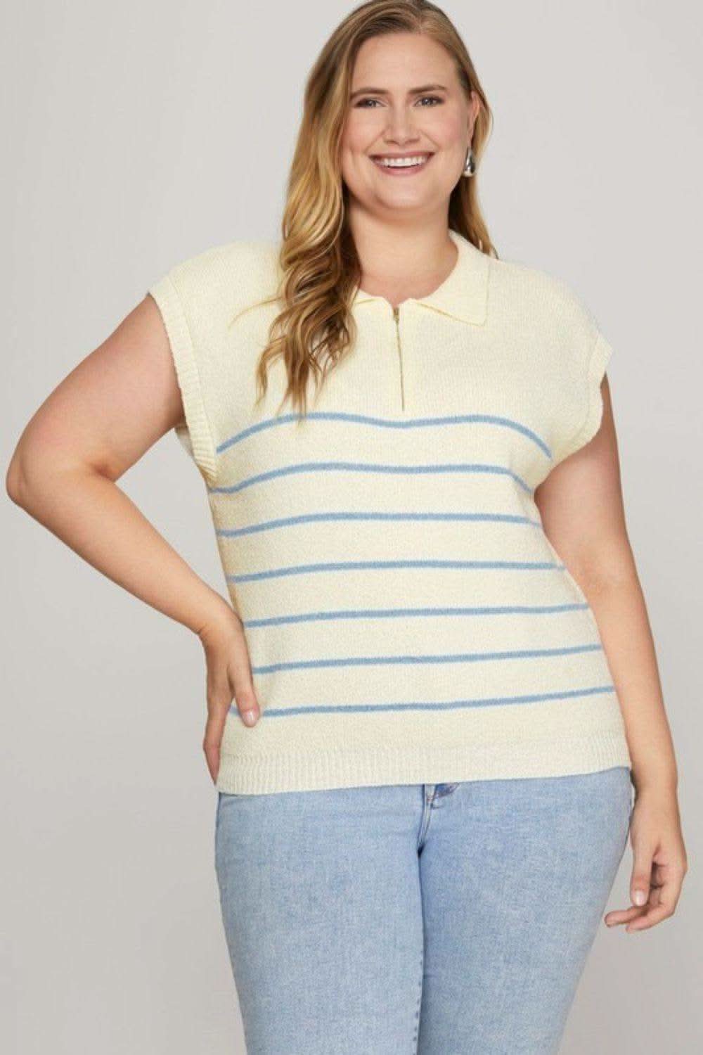 She + Sky Full Size Ribbed Hem Striped Half Zip Sweater Vest Plus Size in - photo