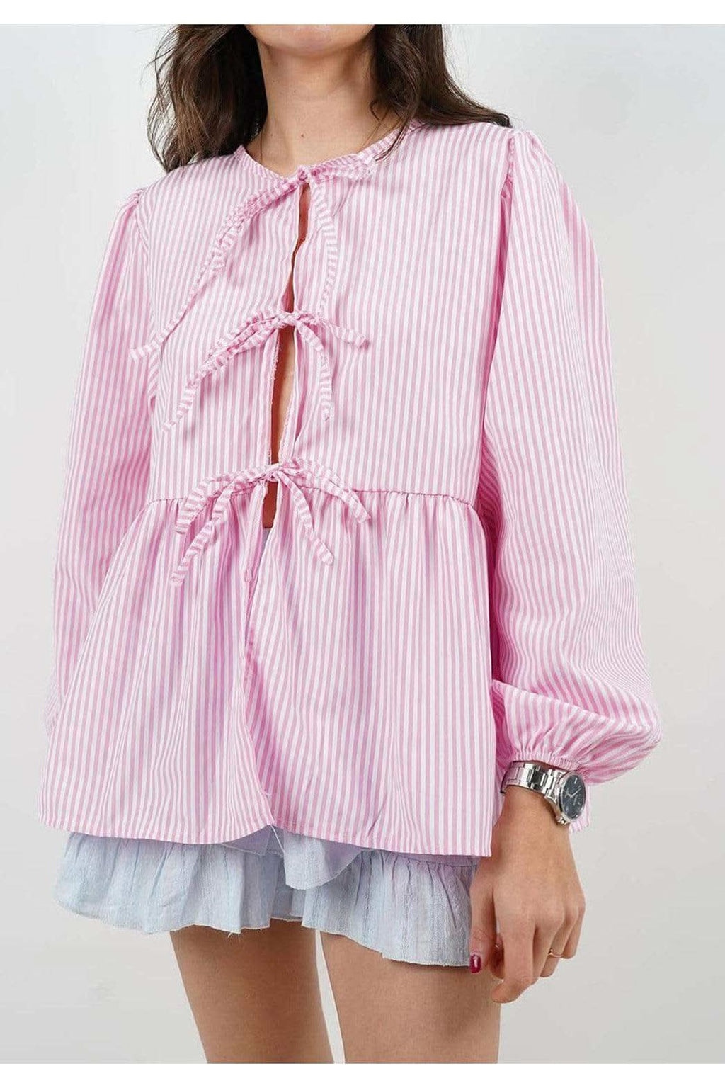 Susan Tied Round Neck Long Sleeve Blouse - SwagglyLife Home & Fashion