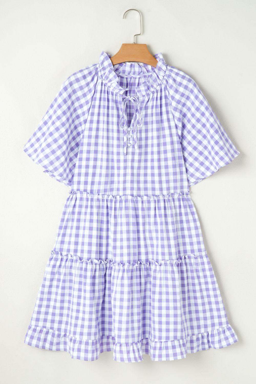 Plaid Tie Neck Short Sleeve Babydoll Mini Dress - SwagglyLife Home & Fashion