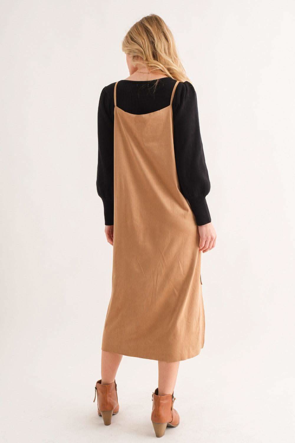 And The Why Faux Suede Cut Edge Slit Cami Midi Dress in - Dresses photo