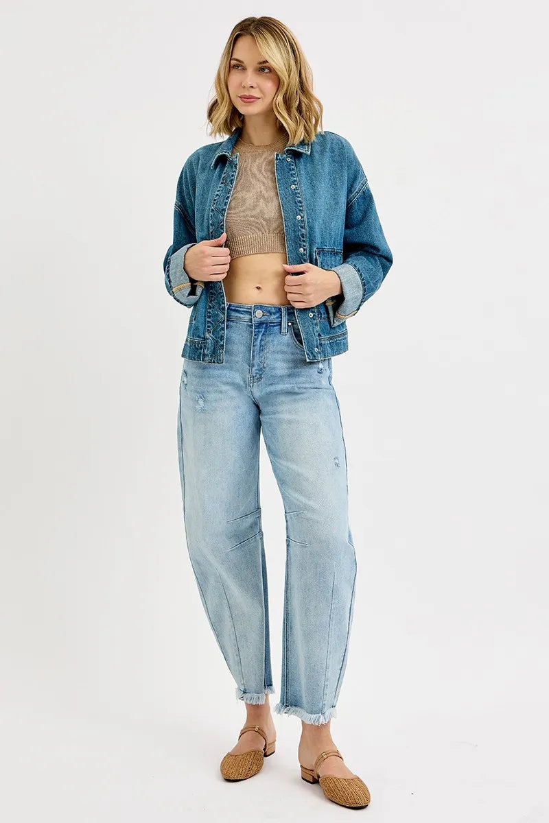 RISEN Oversized Cargo Pocket Denim Jacket with Cuffed Sleeves in - photo
