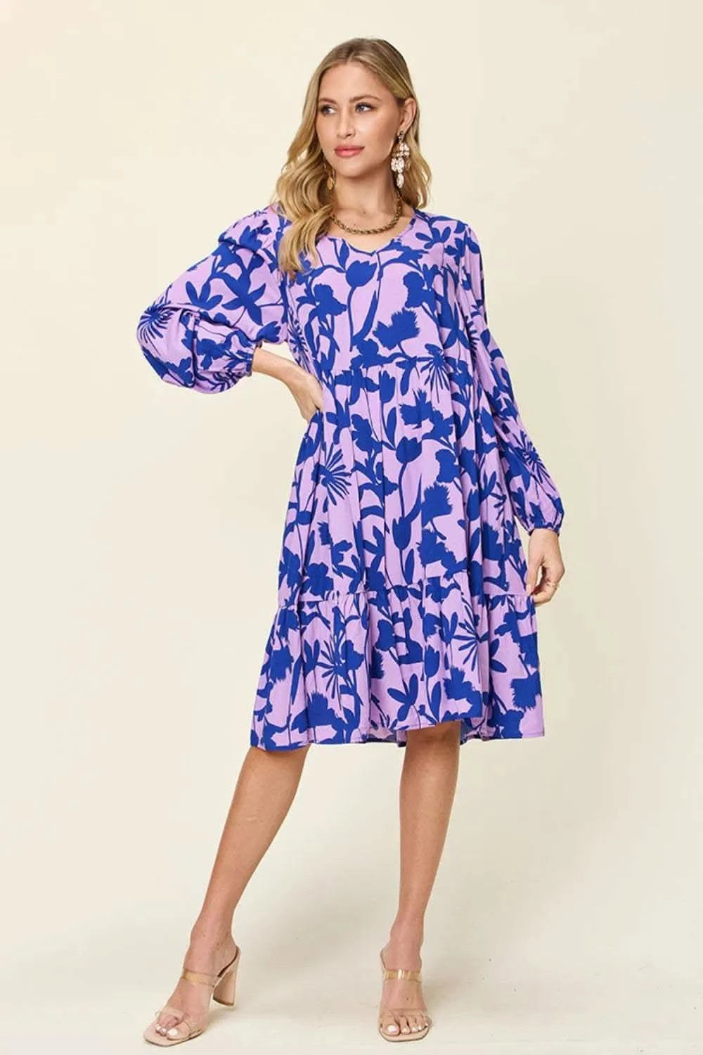 Double Take Full Size Printed Ruffle Hem Dress with Pocket in - photo
