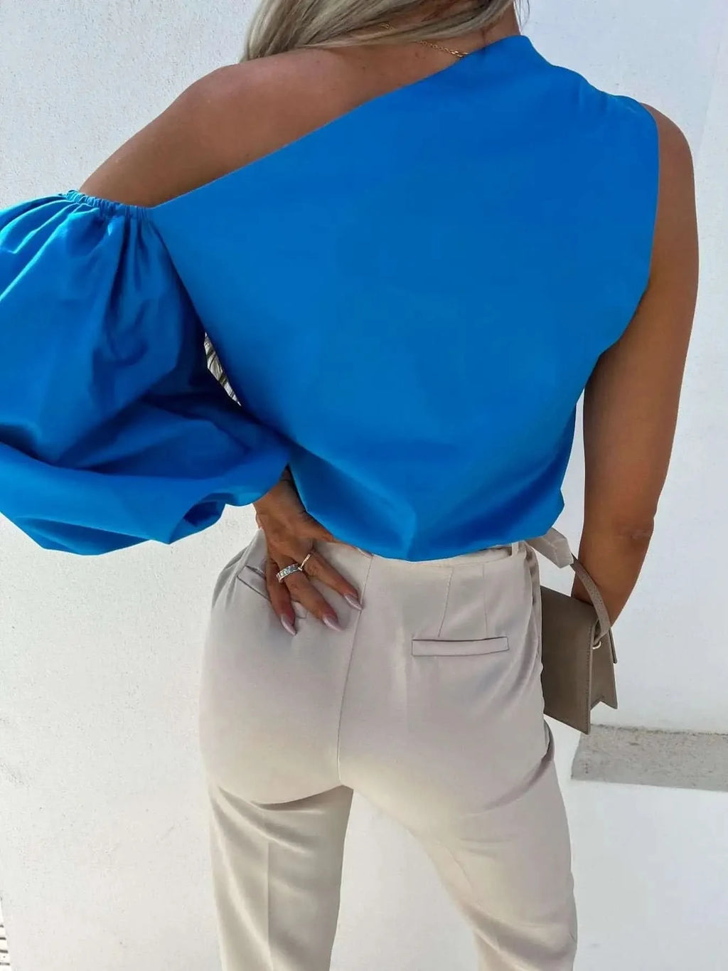 One Shoulder Puff Sleeve Blouse in Blue - photo