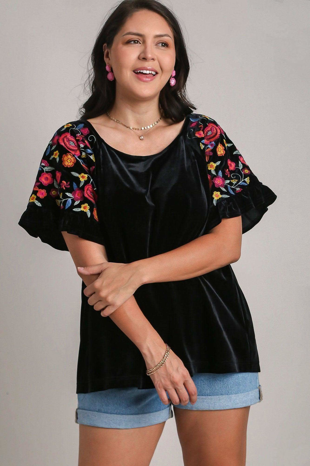 Umgee Full Size Velvet Embroidery Short Sleeve Blouse - SwagglyLife Home & Fashion