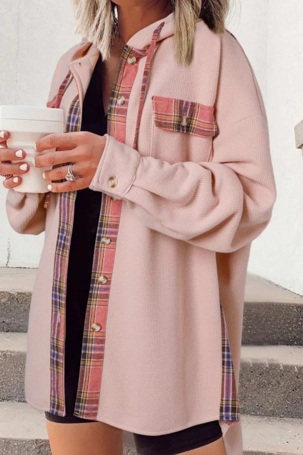 Waffle Knit Plaid Patchwork Drawstring Hooded Shacket in Blush Pink - photo