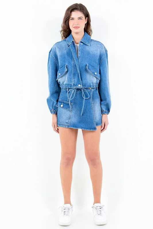 American Bazi Full Size Drop Shoulder Cropped Denim Jacket with Waist Strap Plus Size in - photo